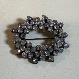Vintage Crystal Rhinestone Wreath‎ Brooch Pin Sparkly Oval Floral Jewelry